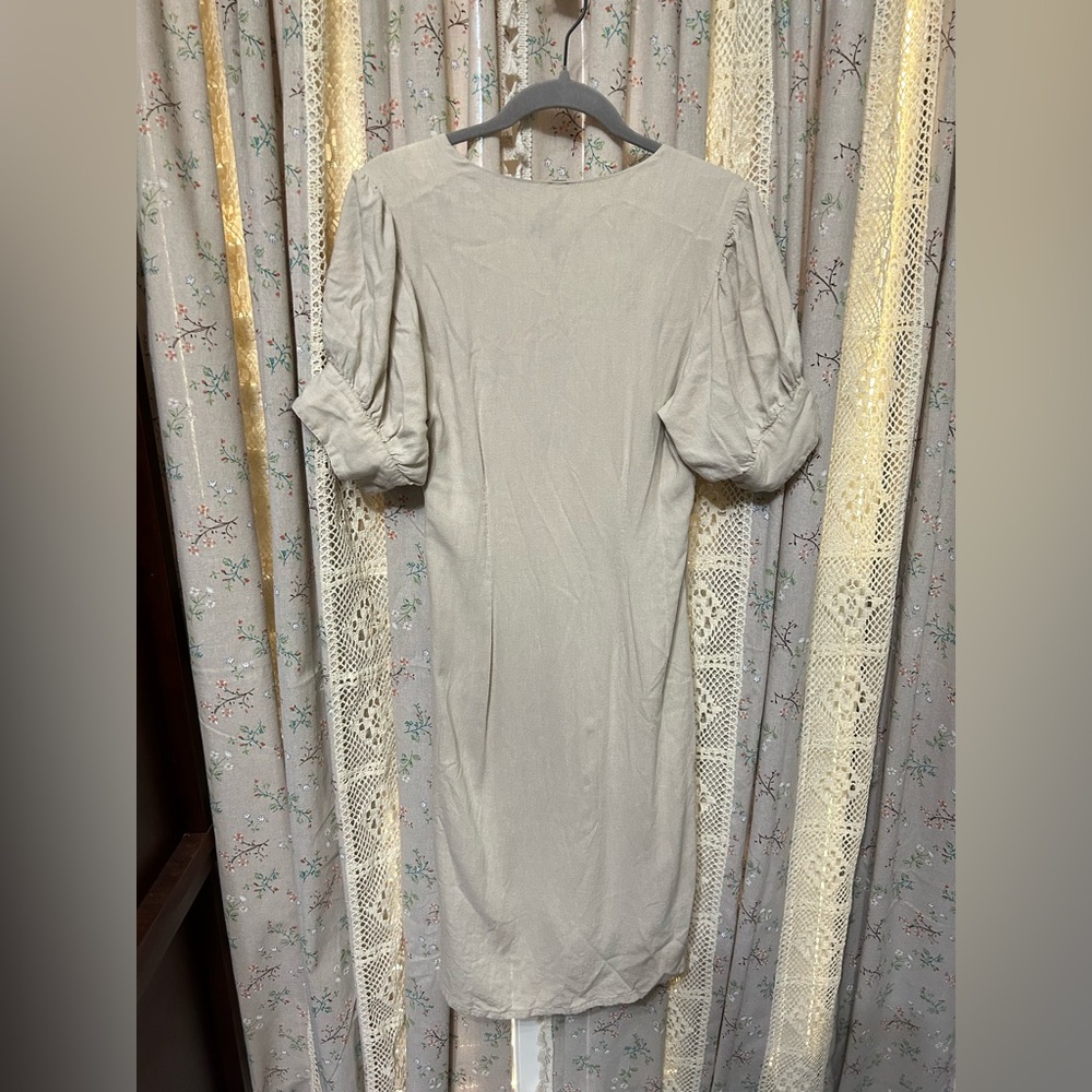 Free People Vintage Summer Neutral Tie Front Midi Dress Small Boho Linen EUC - Picture 10 of 10